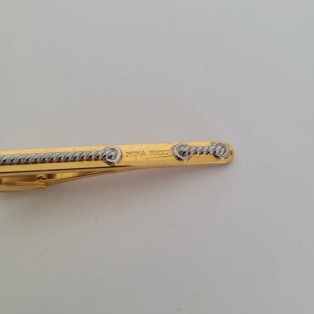 Nina Ricci Gold Silver Tone Tie Bar Clip‎ 2 Inch Logo Vintage Rope Clasp Germany